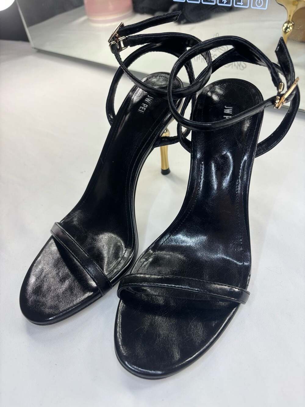 JW PEI Alivia Gold Metal Heel Sandals in Black - Picture 6 of 11